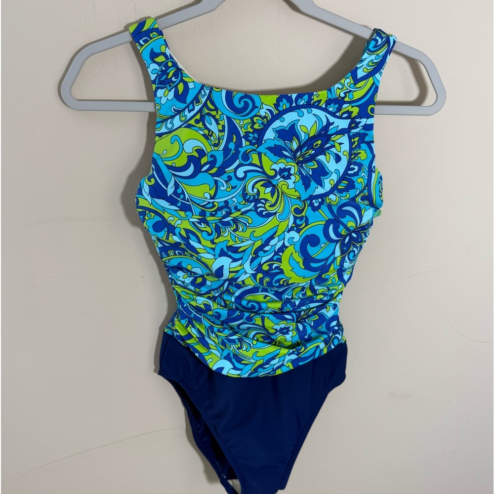 Miraclesuit Blue & Lime Green Swirl One-Piece Swim